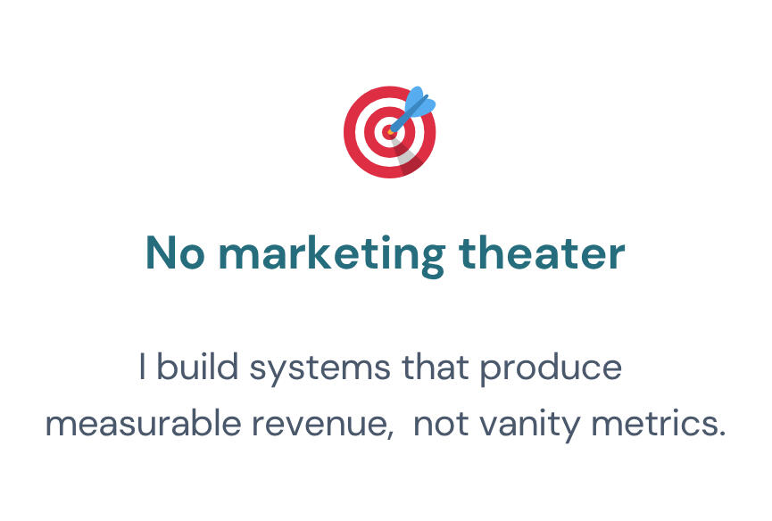 Why founders, investors and scaling companies hire me - Shivani Chetty Fractional CMO Image shows reasons why founders, investors and scaling companies hire me. Reason 2. No marketing theater. I build systems that produce measurable revenue, not vanity metrics.