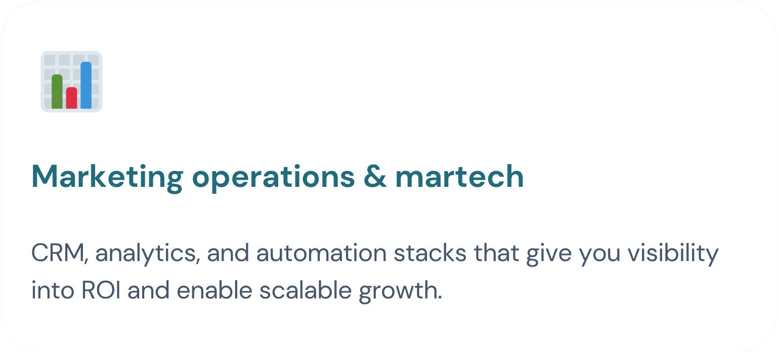 Services I offer - Shivani Chetty Fractional CMO Image shows Services i offer. Service 3. Marketing operations & martech. CRM, analytics, and automation stacks that give you visibility into ROI and enable scalable growth.