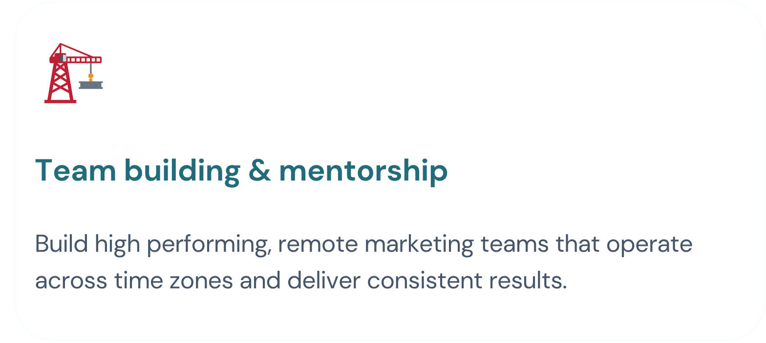 Services I offer - Shivani Chetty Fractional CMO Image shows Services i offer. Service 6. Team building & mentorship. Build high performing, remote marketing teams that operate across time zones and deliver consistent results.