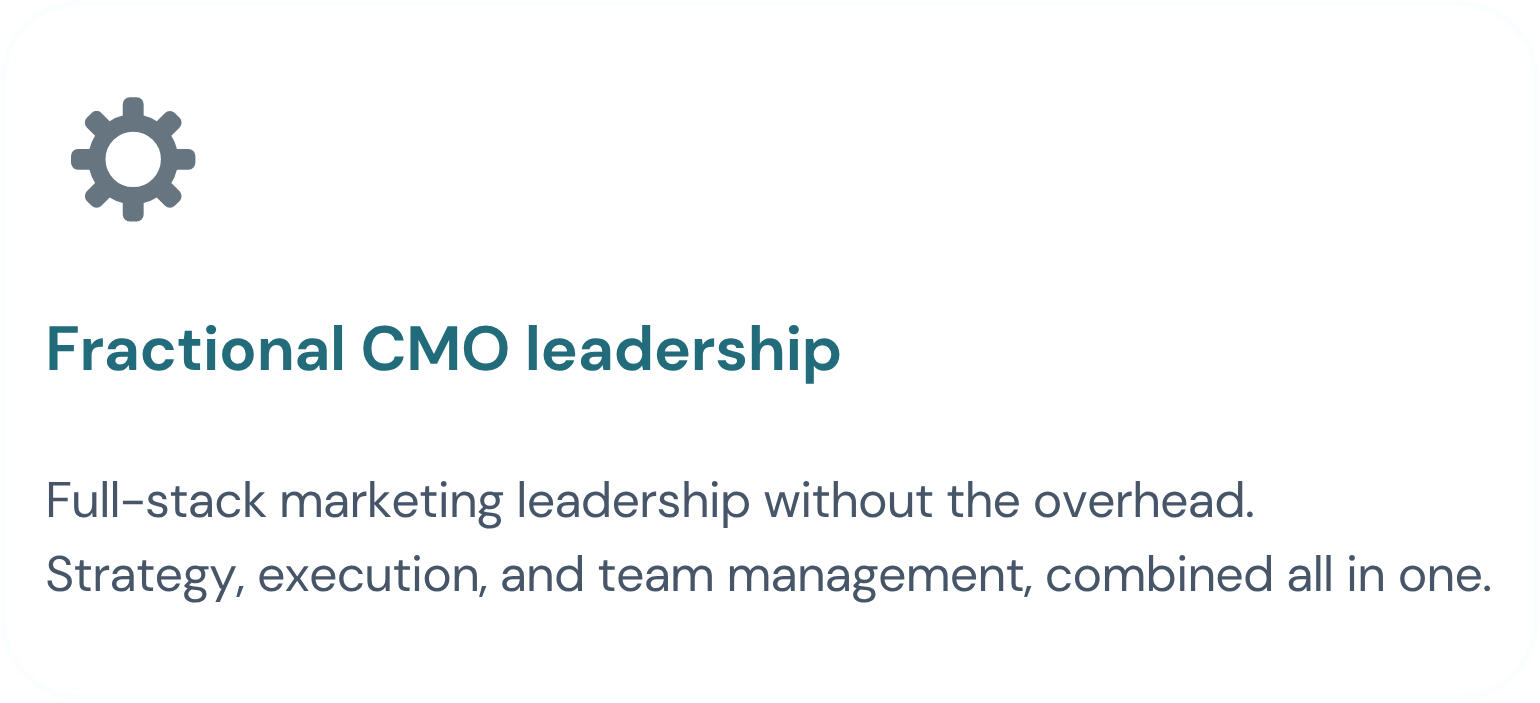 Image shows Services i offer. Service 1. Fractional CMO leadership. Full-stack marketing leadership without the overhead. Strategy, execution, and team management, combined all in one.