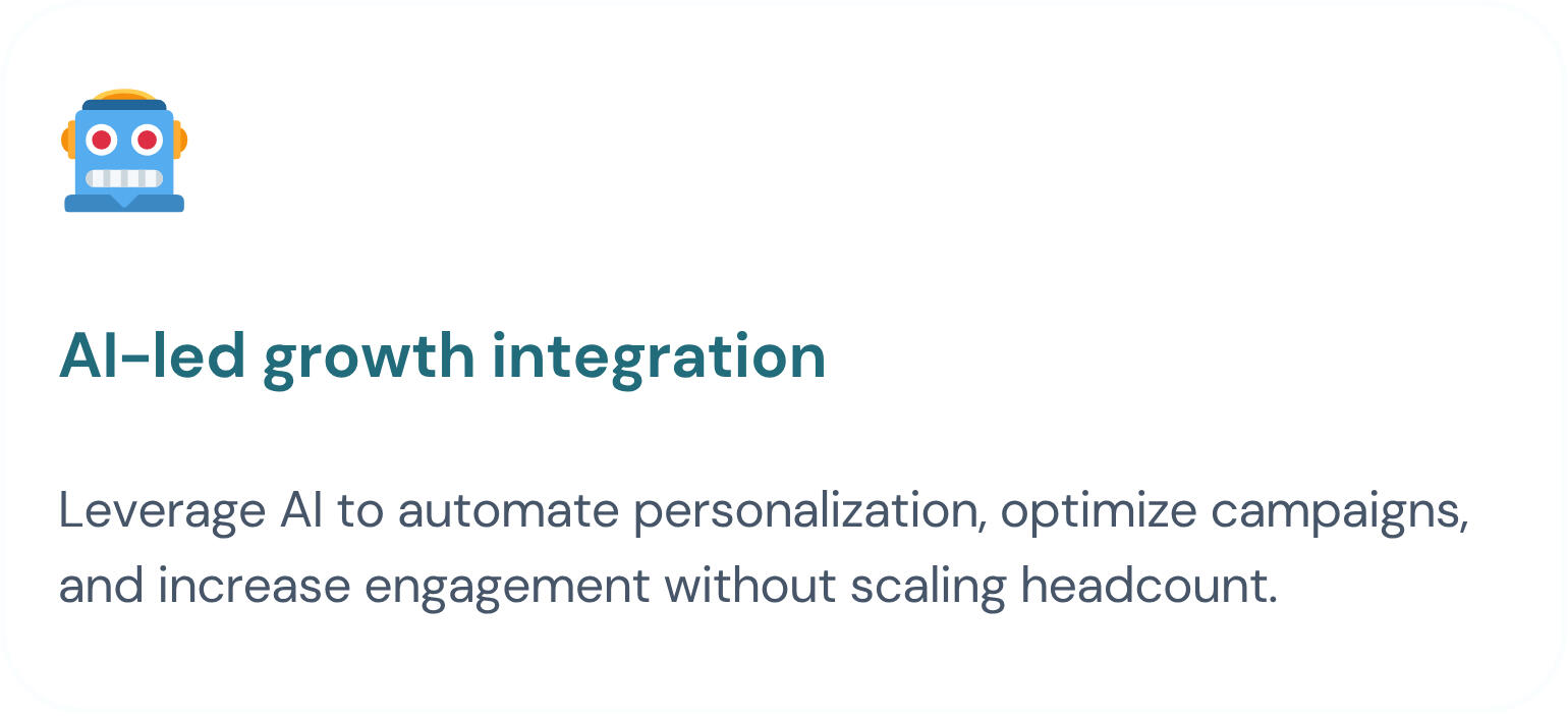 Services I offer - Shivani Chetty Fractional CMO Image shows Services i offer. Service 4. AI-led growth integration. Leverage AI to automate personalization, optimize campaigns, and increase engagement without scaling headcount.